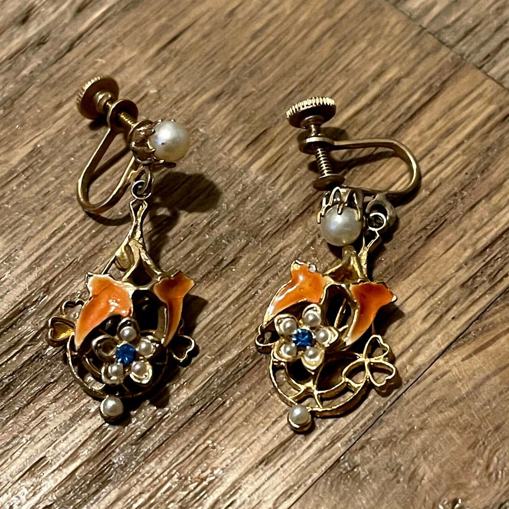 Vintage Dangle Screw Back Earrings Gold Floral Retro Metal Faux Pearl Mod 50s 60